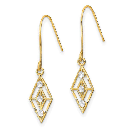 14k Yellow Gold Rhodium Diamond-cut Small Diamond Shape Wire Earrings