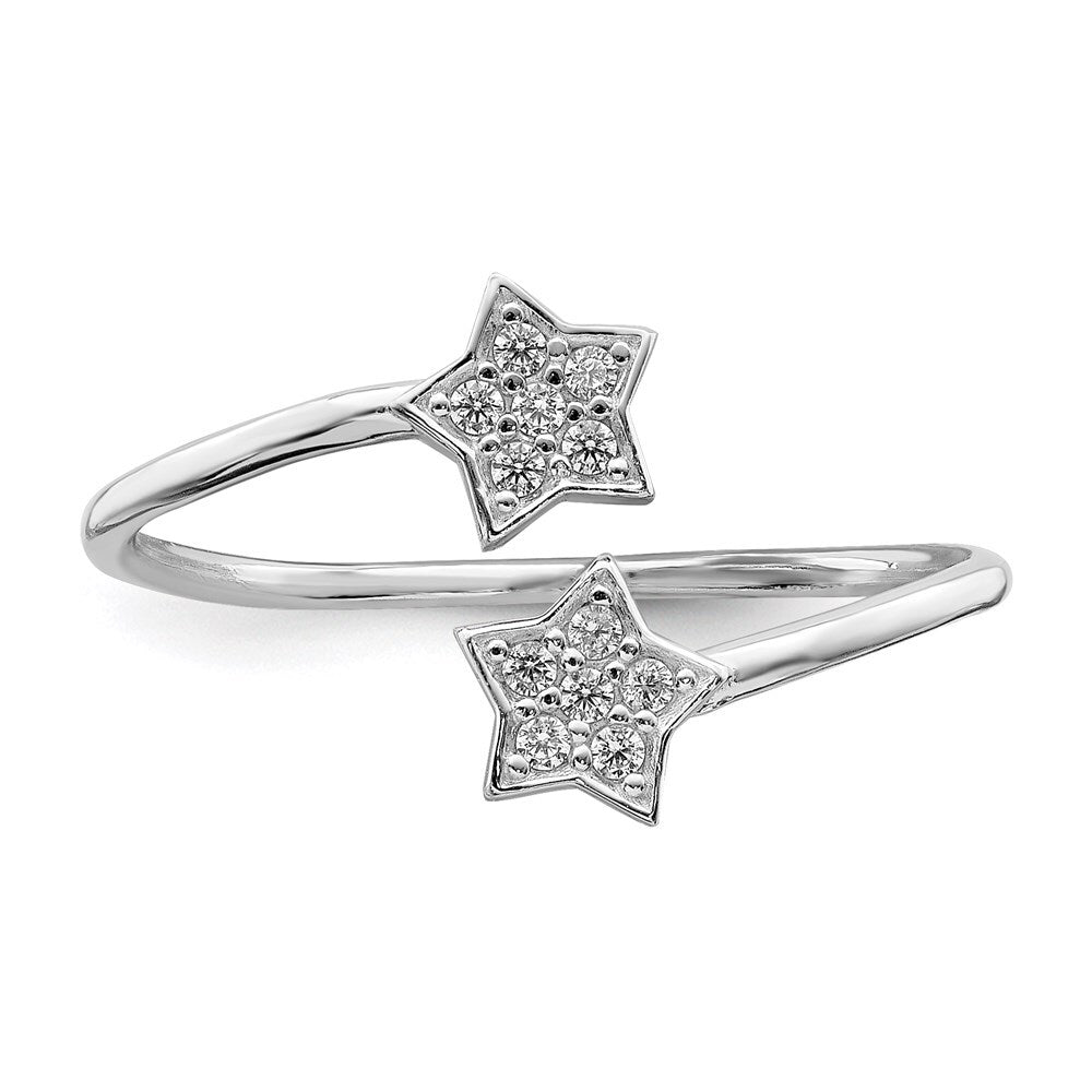 Sterling Silver Rhodium-Plated Cubic Zirconia Stars Bypass Adjustable Ring SZ 7