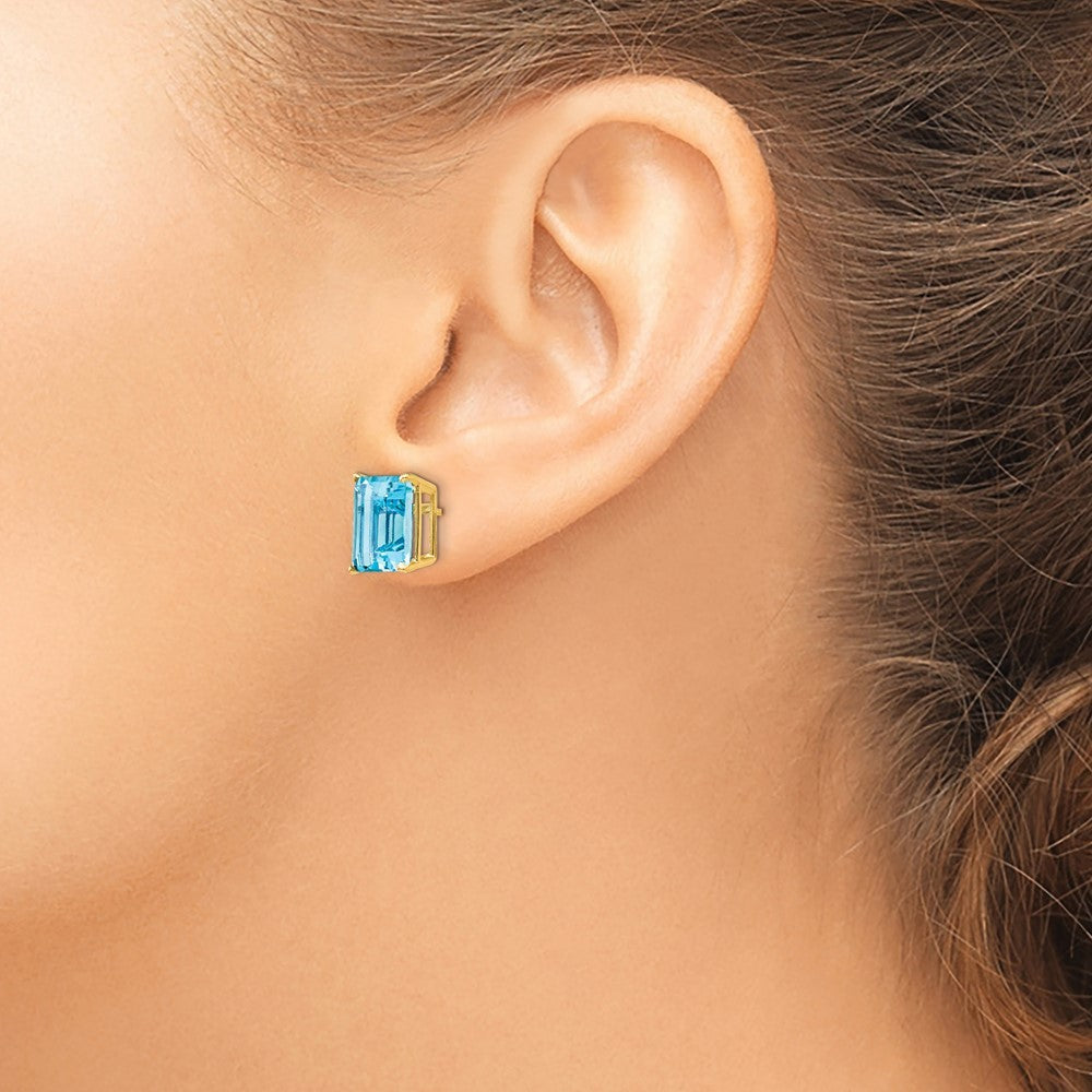 14k Yellow Gold 10x8mm Emerald Cut Blue Topaz Earrings