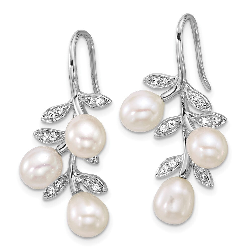 Sterling Silver White Rice Cultured Pearl & Cubic Zirconia Leaf Earrings