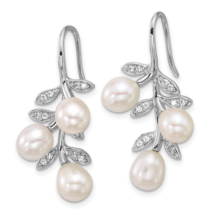 Sterling Silver White Rice Cultured Pearl & Cubic Zirconia Leaf Earrings