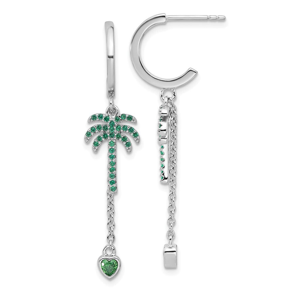 Sterling Silver Green Cubic Zirconia Palm Tree Heart Post Hoop Earrings