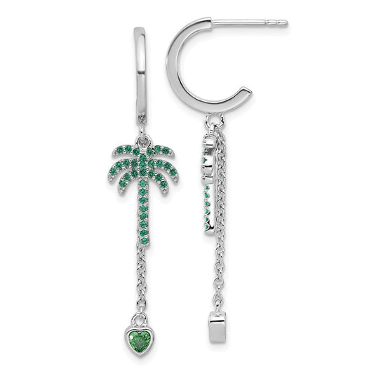 Sterling Silver Green Cubic Zirconia Palm Tree Heart Post Hoop Earrings