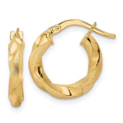 14k Yellow Gold Brushed and Polished Twisted Hoop Earrings Gift for Women