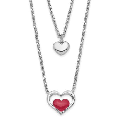 Sterling Silver Rhodium-plate Enamel Heart 2-Strand w/1in Ext Necklace