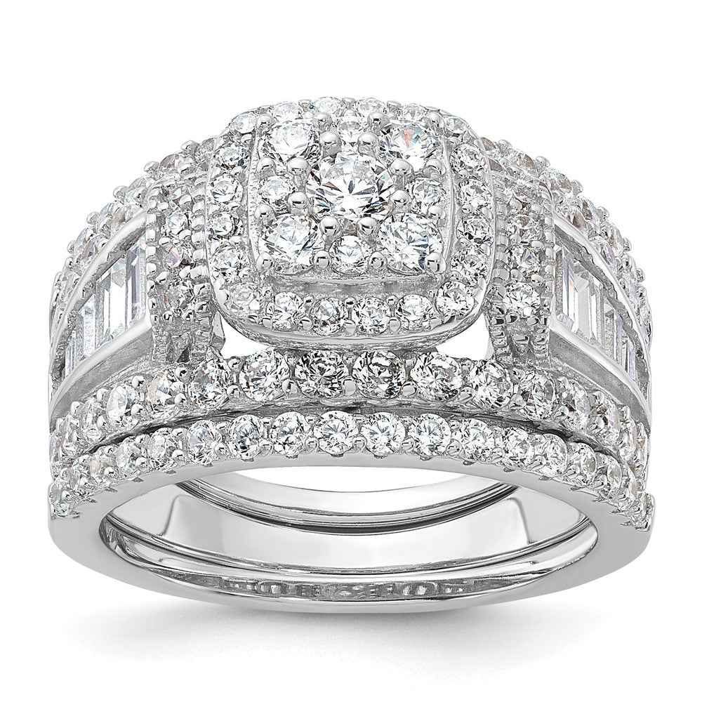 Sterling Silver Rhodium-plated CZ Engagement Ring w/2 Band Rings 3 Ring Set