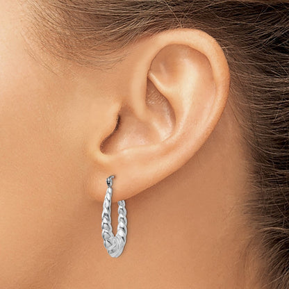 14k White Gold Polished and Textured Oval Hoop Earrings Gift for Women