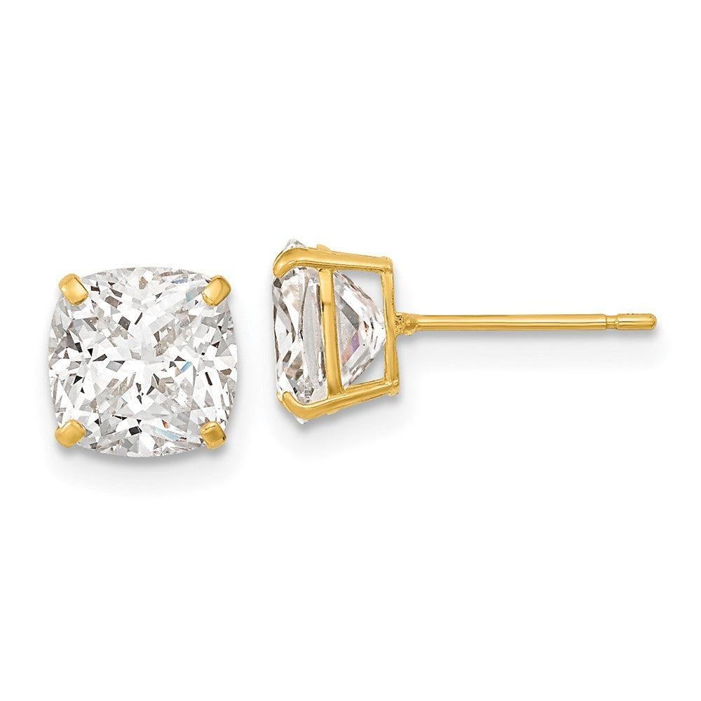 14k Yellow Gold Polished 7x7 Cushion Cut CZ Studs Earrings