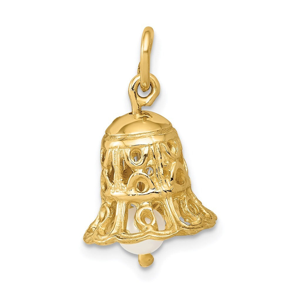 14k Yellow Gold 3D Wedding Bell w/ Fresh Water Cultured Pearl Charm Pendant