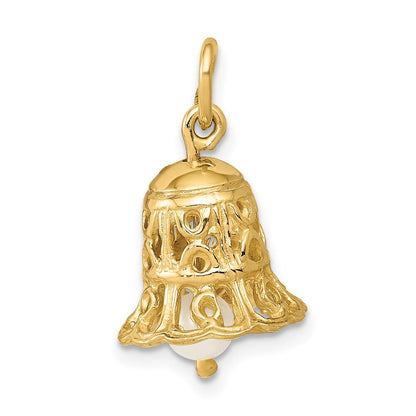 14k Yellow Gold 3D Wedding Bell w/ Fresh Water Cultured Pearl Charm Pendant