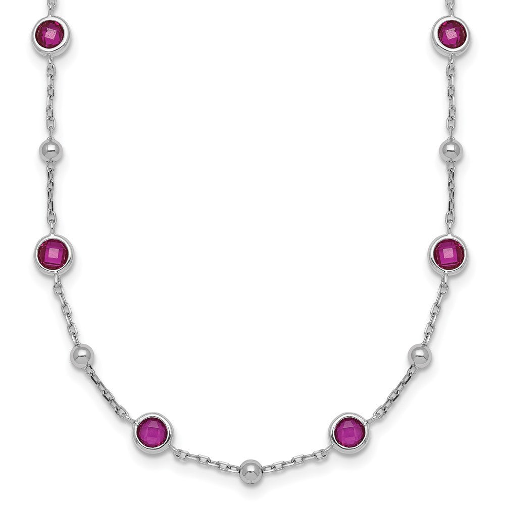 Sterling Silver and Beaded Bezel-set Round Red CZ 16" with 2" Extension Necklace