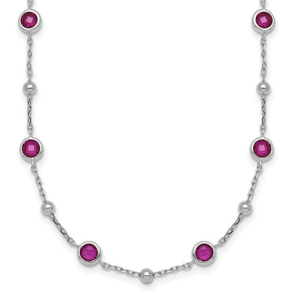 Sterling Silver and Beaded Bezel-set Round Red CZ 16" with 2" Extension Necklace