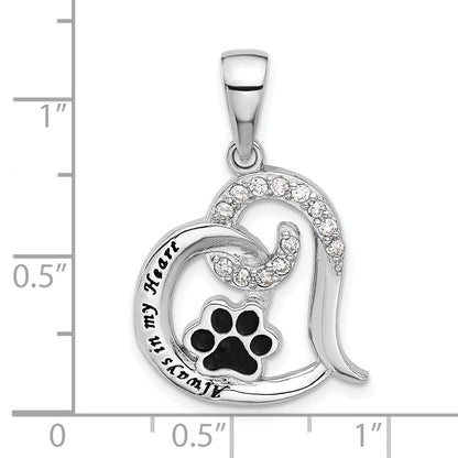 Sterling Silver Rh-plated Enamel Cubic Zirconia  Paw ALWAYS IN MY HEART Pendant