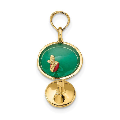 14k Yellow Gold 3-D Green Enamel  Martini w/Cherry Charm