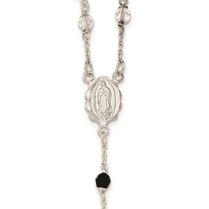 Sterling Silver Polished and Black Crystal Bead Rosary 23.5 inch Necklace