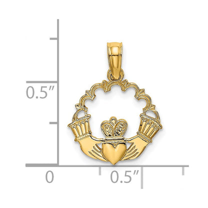 14k Yellow Gold Engraved Claddagh In Scallop Circle Charm Pendant