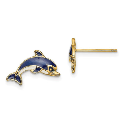 14k Yellow Gold Blue and White Enamel Dolphin Stud Earrings Gift for Women