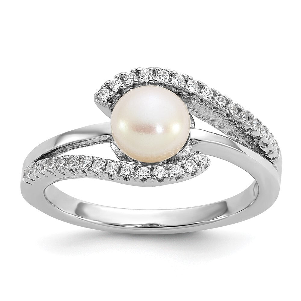Sterling Silver Rhodium-plated CZ Freshwater Cultured Pearl Ring Size 7