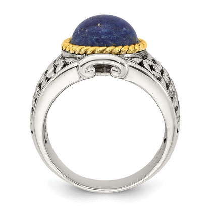 Sterling Silver Antiqued Gold Accent Lapis Cabochon Woven Pattern Ring Sz 8