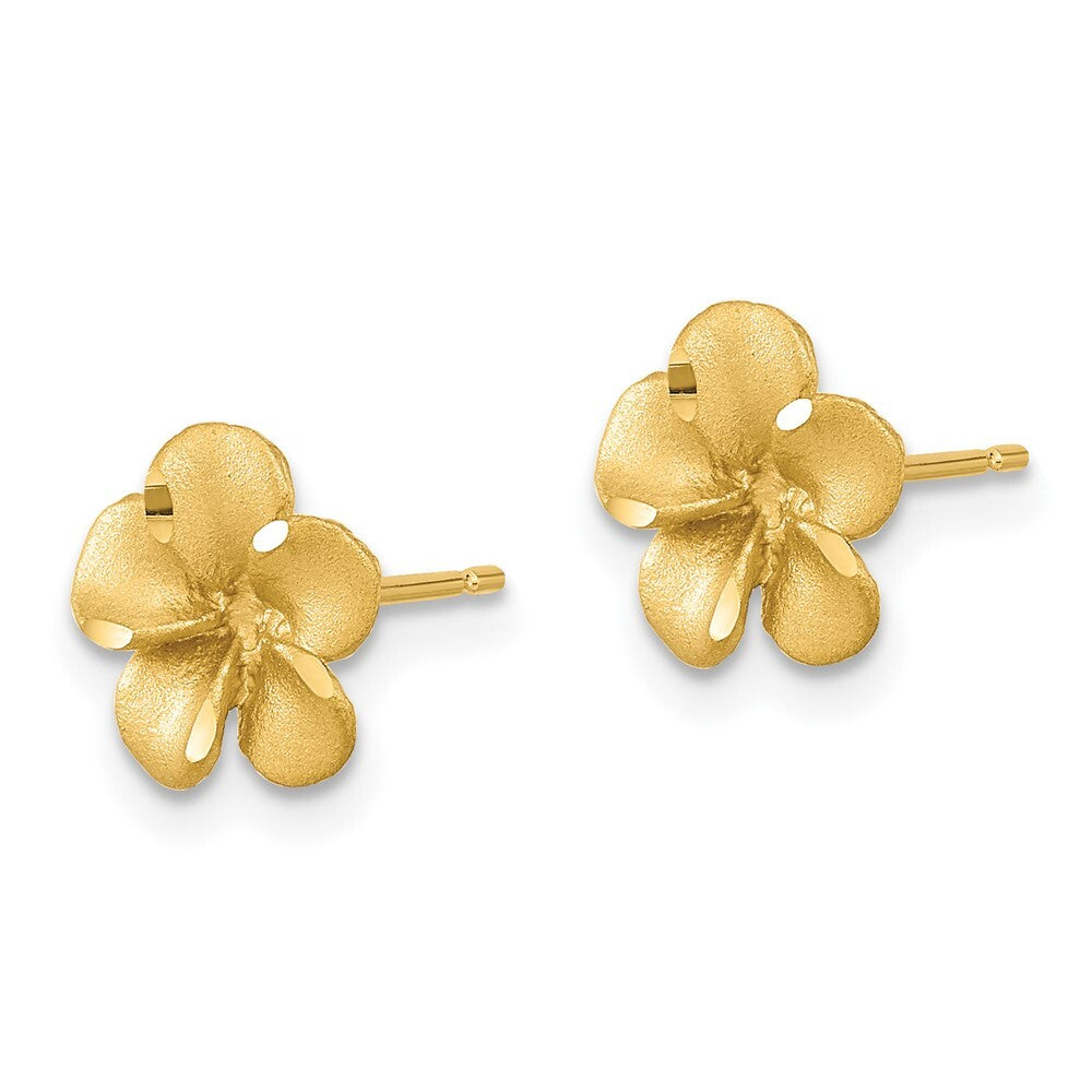 14k Yellow Gold Satin Diamond-cut Plumeria Stud Earrings Gift for Women