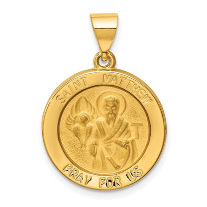 14k Yellow Gold Polished and Satin St Matthew Medal Hollow Pendant for Women