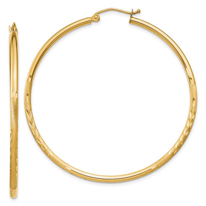 14k Yellow Gold Satin and Diamond-cut 2mm Round Tube Hoop Earrings