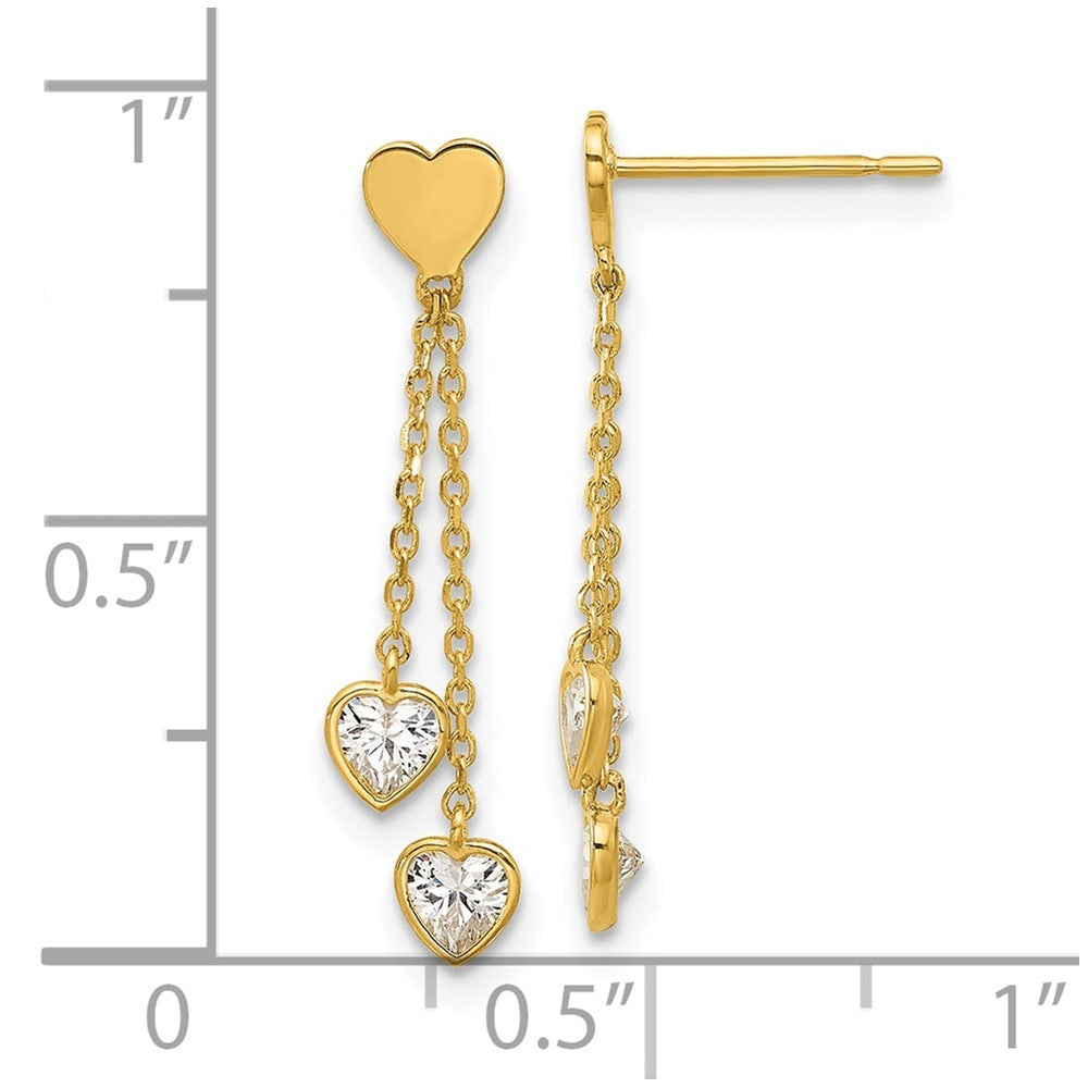 14k Yellow Gold Polished CZ Hearts Dangle Earrings