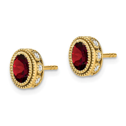 14k Yellow Gold Oval Garnet and Diamond Stud Earrings