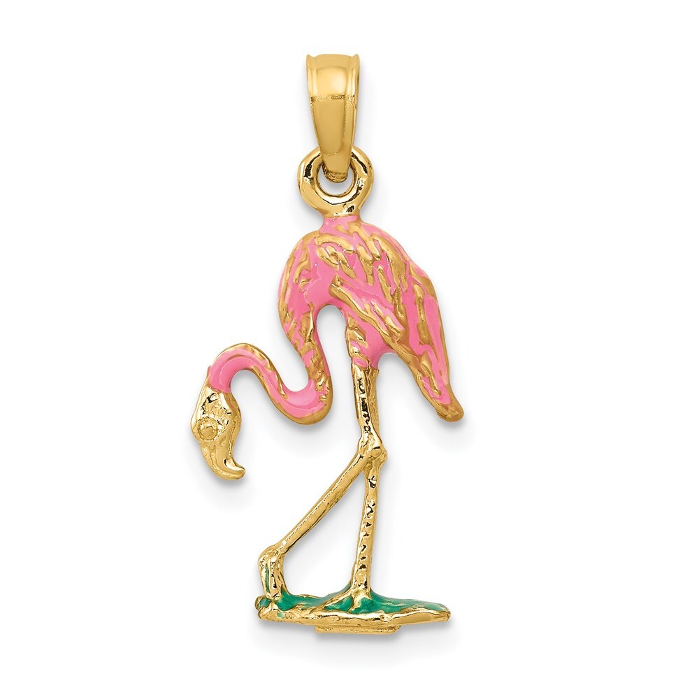 14k Yellow Gold Enameled Flamingo Pendant for Women