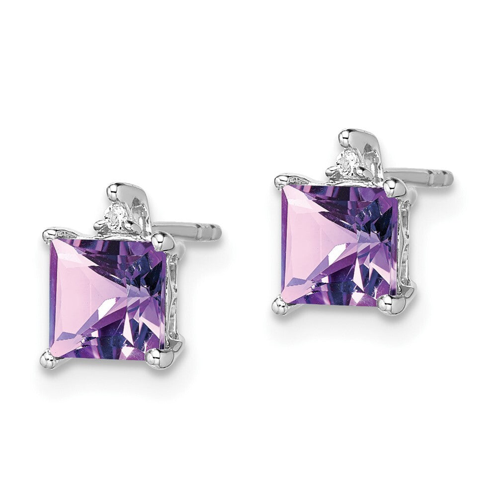 14k White Gold Princess Amethyst and Diamond Stud Earrings
