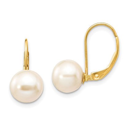14k Yellow Gold 8-9mm White Round Freshwater Cultured Pearl Leverback Earrings