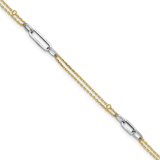 14K Two-tone Polished Diamond-cut 3-Station 10" Anklet