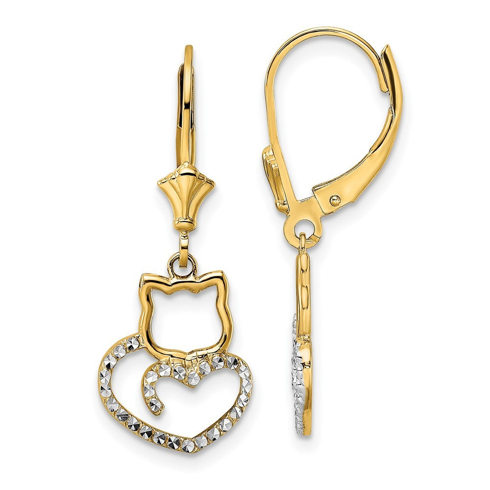 14k Yellow Gold & White Rhodium Diamond-Cut Cat Heart Drop Dangle Earrings