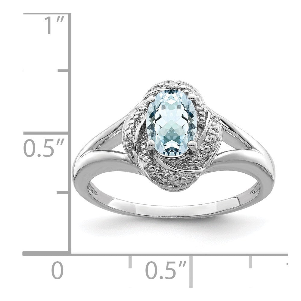 Sterling Silver Rhodium-plated Diamond & Aquamarine Ring