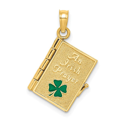 14k Yellow Gold 3-D Moveable Enameled AN IRISH PRAYER Book Clover Charm Pendant