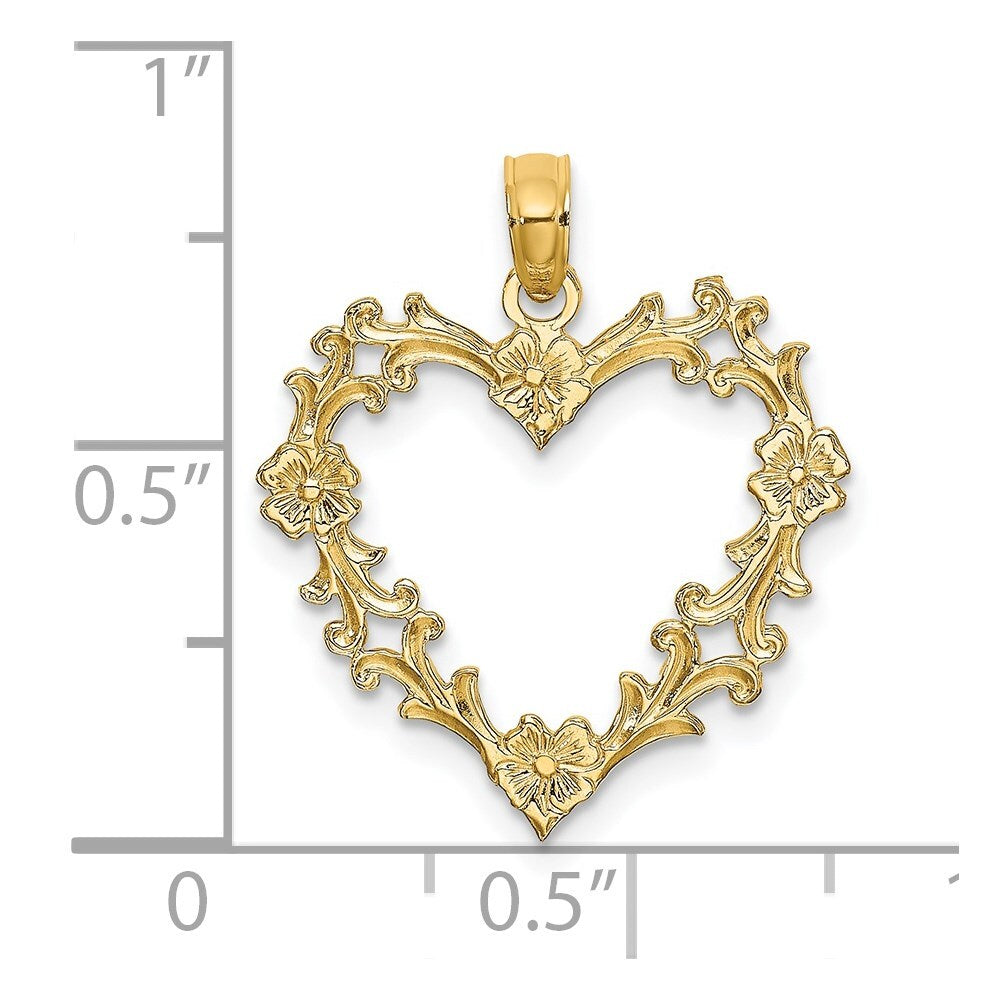 14k Yellow Gold Cut-Out Floral Heart Charm Pendant for Women