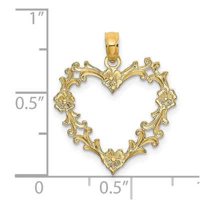 14k Yellow Gold Cut-Out Floral Heart Charm Pendant for Women