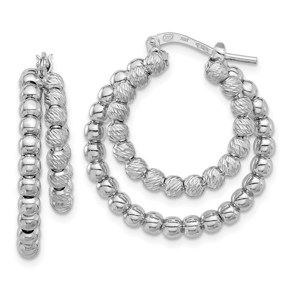Sterling Silver Rhod-plated Diamond-Cut Beaded Double Hoop Earrings