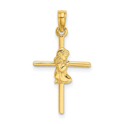 14k Yellow Gold Praying Girl Cross Charm Pendant for Women