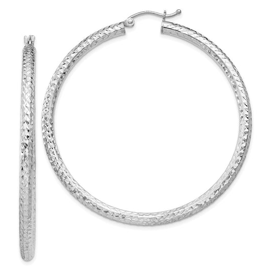 Sterling Silver Rhodium-plated Diamond-cut 3x50mm Hoop Earrings