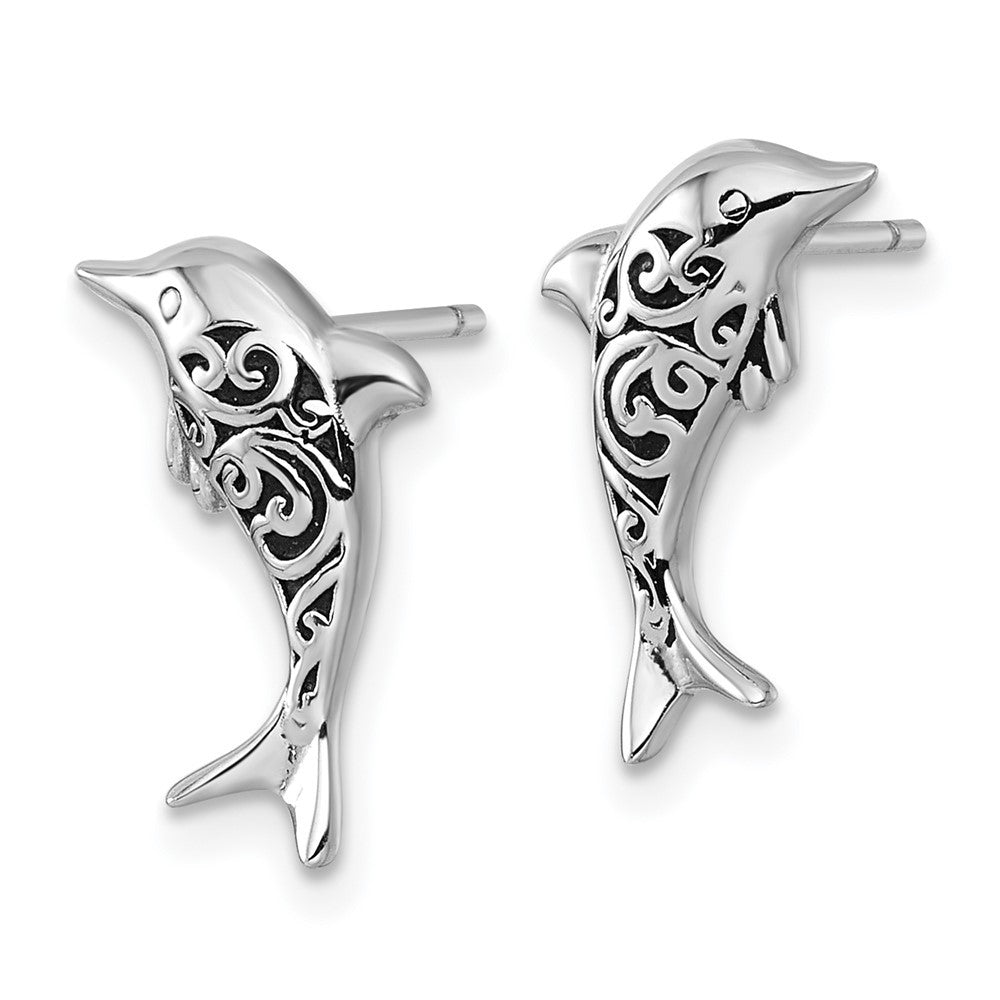 Sterling Silver Rhodium-plated Polished and Oxidized Filigree Dolphin Earrings
