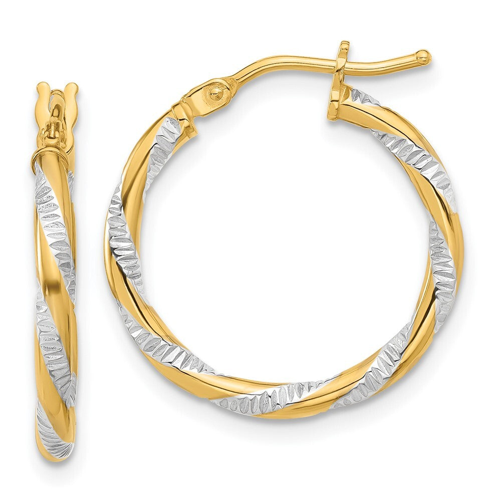 14k Yellow Gold and White Rhodium Polished Diamond-cut Hoop Earrings