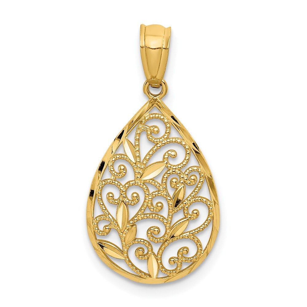 14k Yellow Gold Gold Polished and Textured Small Filigree Teardrop Pendant