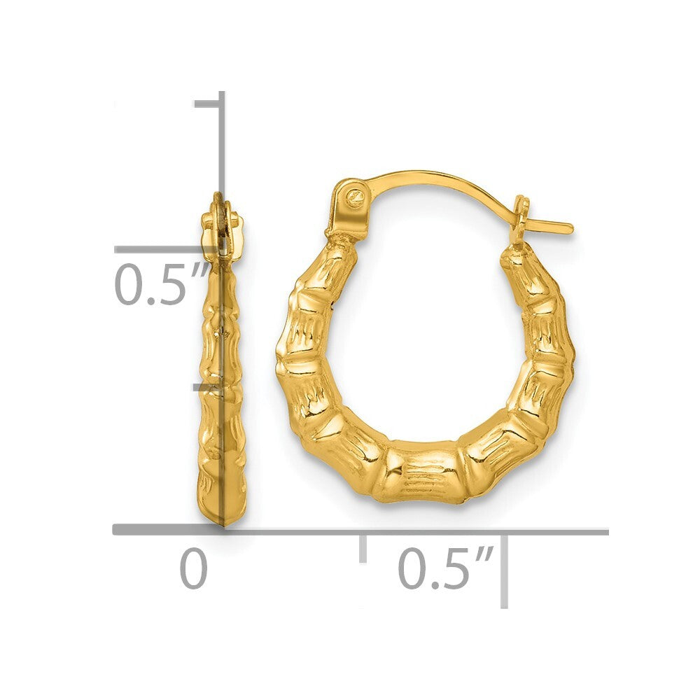 14k Yellow Gold Polished Bamboo Hoop Earrings Gift for Women