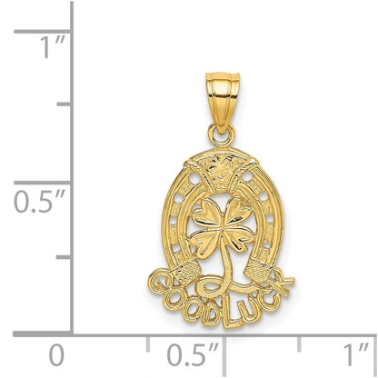 14k Yellow Gold GOOD LUCK Horseshoe and Clover Charm Pendant