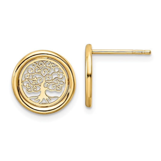 14k Yellow Gold Polished Tree of Life in Circle Stud Earrings Gift for Women