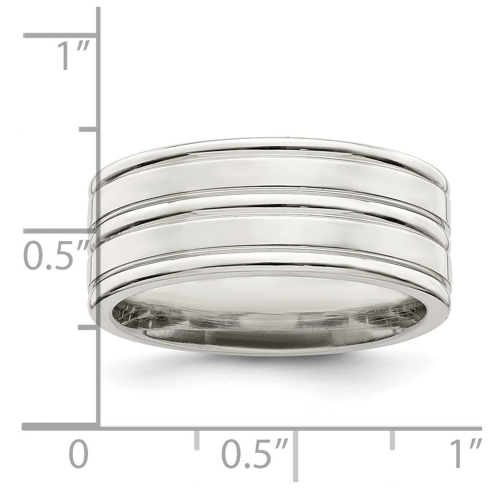Sterling Silver 8mm Polished Flat Grooved Fancy Band Size 11