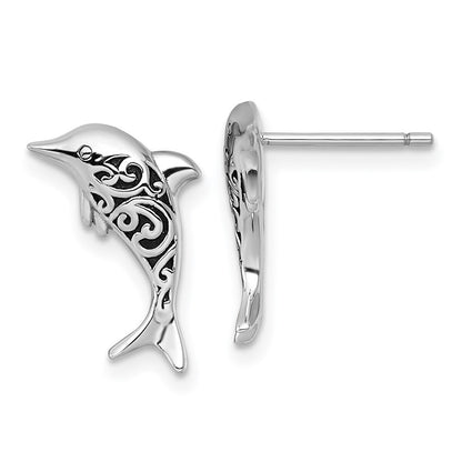 Sterling Silver Rhodium-plated Polished and Oxidized Filigree Dolphin Earrings