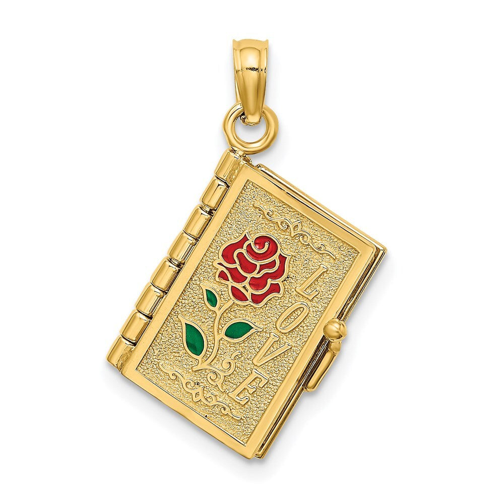 14k Yellow Gold Enameled 3D Moveable LOVE Flower Book Pendant for Women