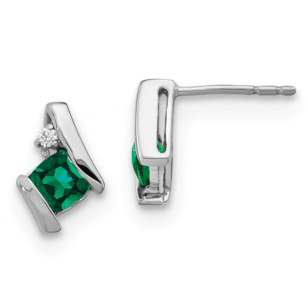 14K White Gold Cushion Cr. Emerald and Diamond Stud Earrings Gift for Women